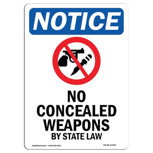 Sign, 5" H, 3.5" W, No Concealed Weapons Sign, Portrait, NS-D-35-V-14460-10PK